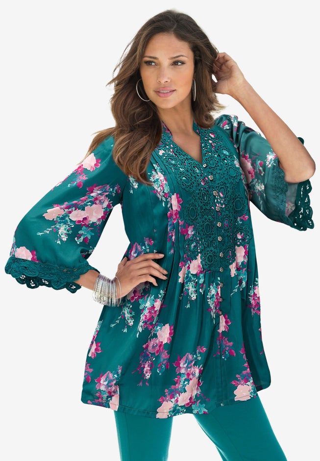 Plus Size Juliet Lace Trim Button-Down Shirt image number 1
