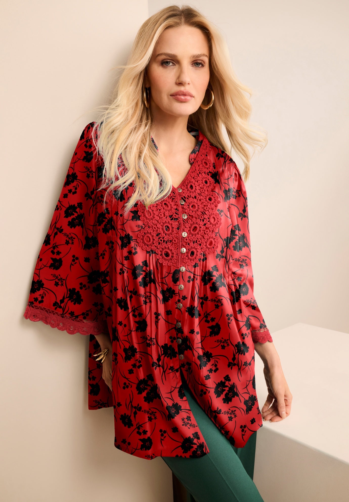 Plus Size Juliet Lace Trim Button-Down Shirt image number 0