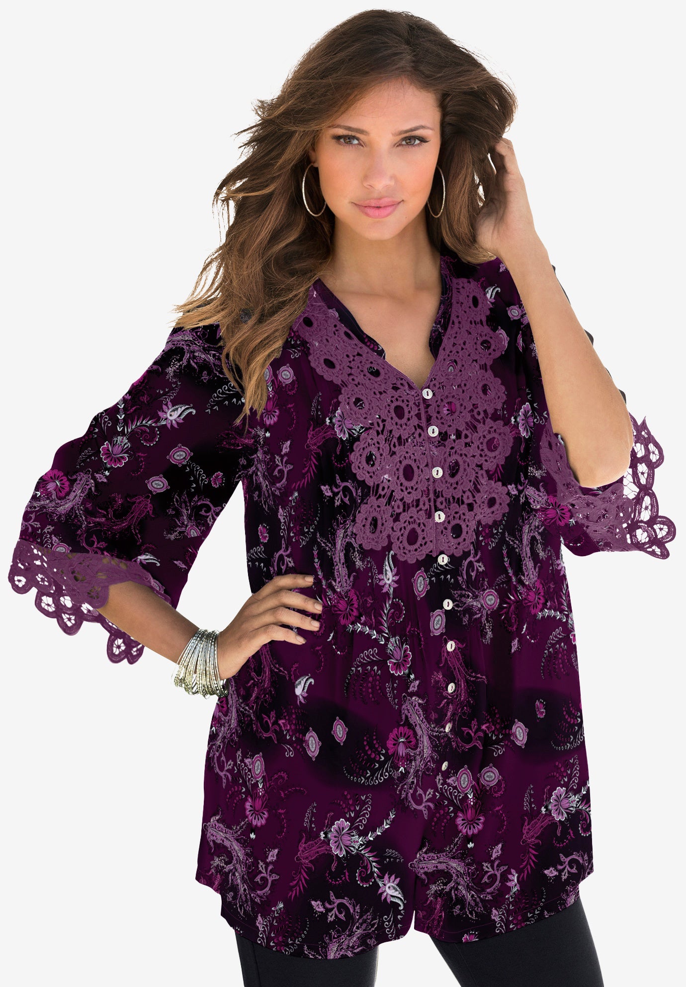 Plus Size Juliet Lace Trim Button-Down Shirt image number 1