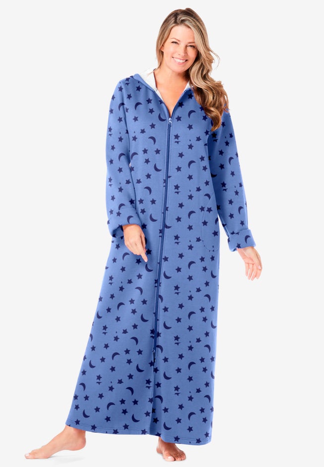 Hooded Fleece Robe with Full Front-Zip, French Blue Star Moon