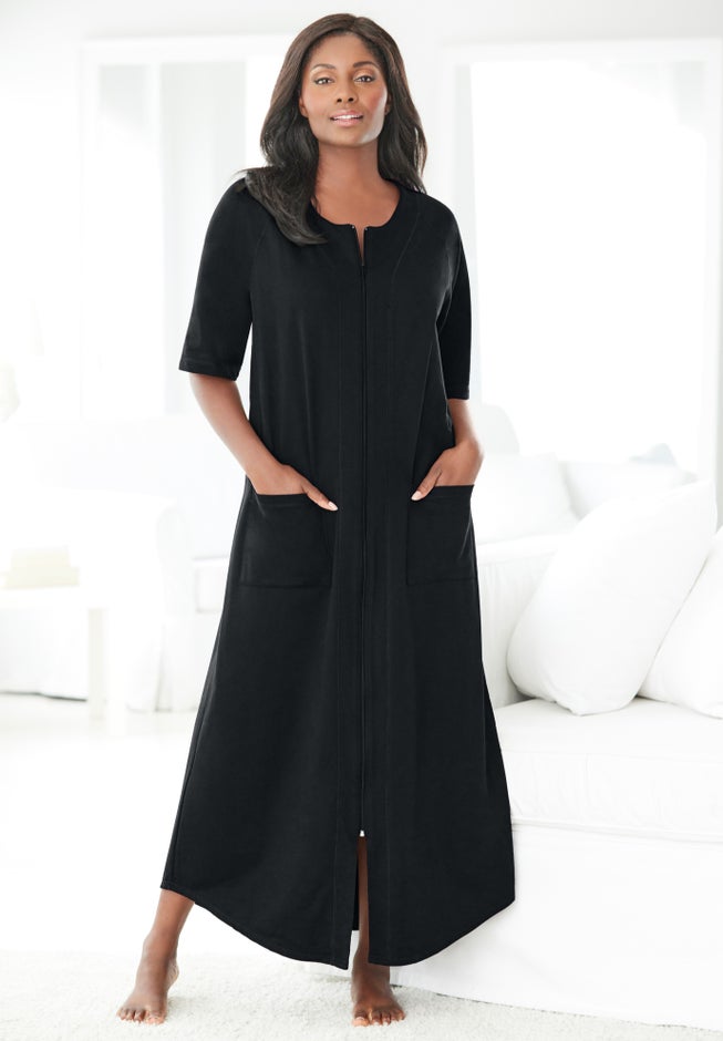 French Terry Zip-Front Long Robe Sleepwear, Black Catherines