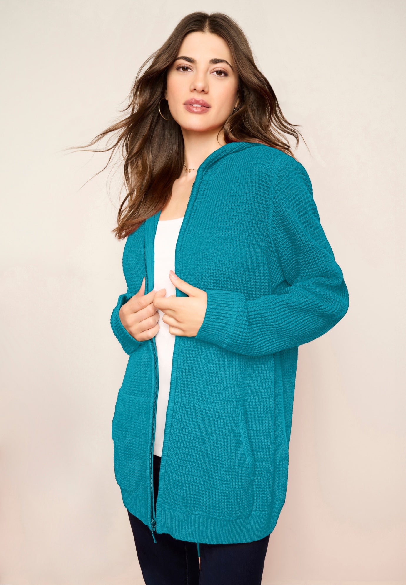 Plus Size Waffle Knit Zip-Front Relaxed Hoodie image number 0