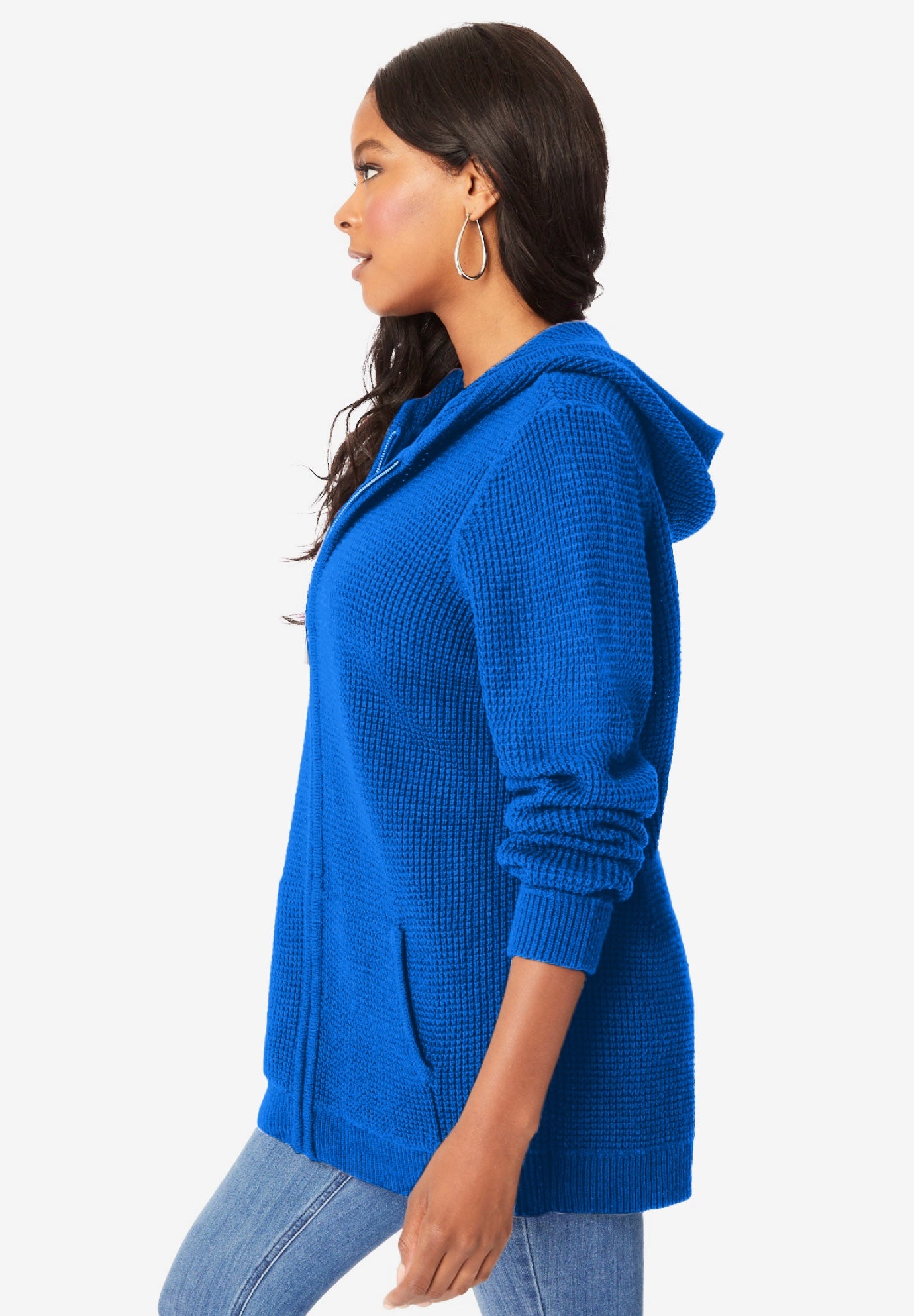 Plus Size Waffle Knit Zip-Front Relaxed Hoodie image number 2
