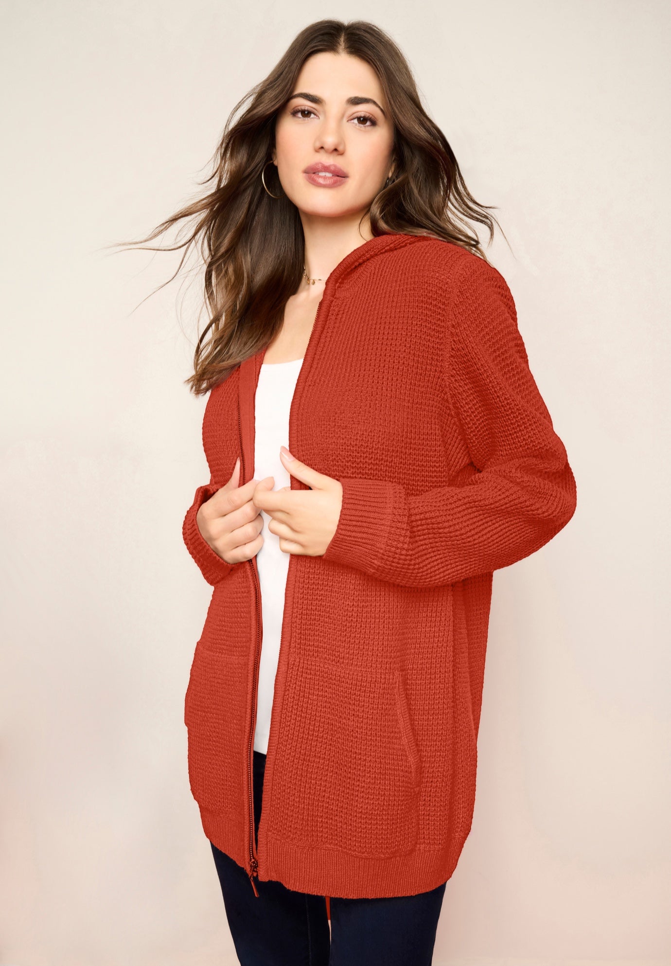 Plus Size Waffle Knit Zip-Front Relaxed Hoodie image number 0