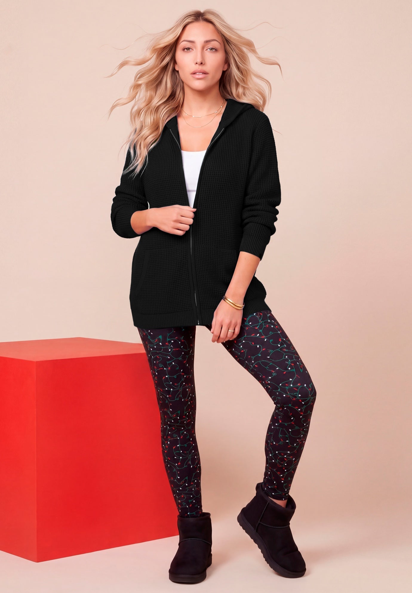 Plus Size Waffle Knit Zip-Front Relaxed Hoodie image number 0