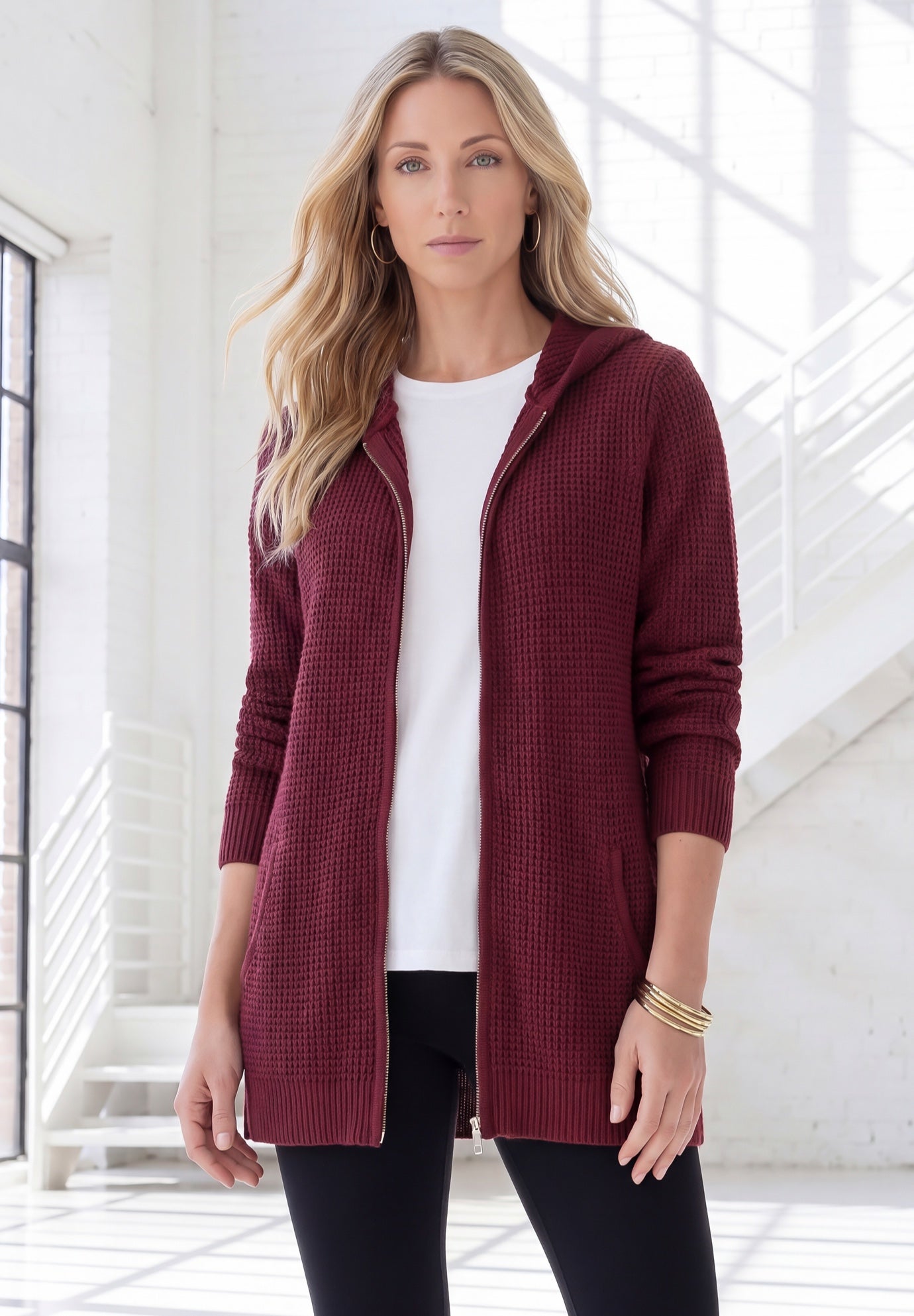 Plus Size Waffle Knit Zip-Front Relaxed Hoodie image number 2