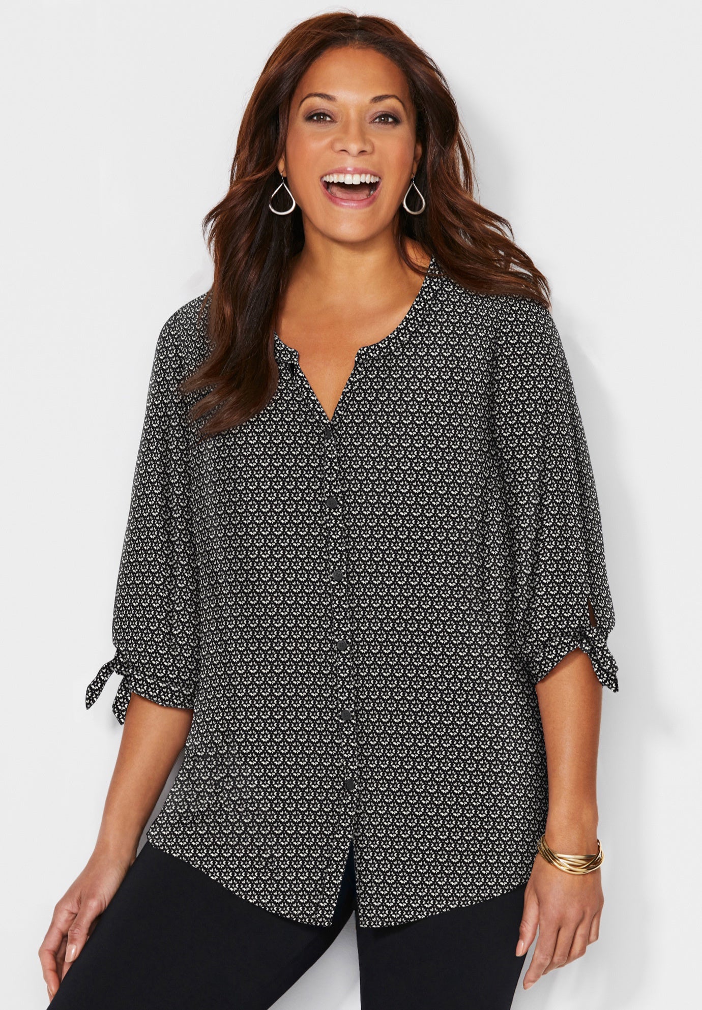 Georgette Buttonfront Blouse with Tie Sleeve, Black White Tile