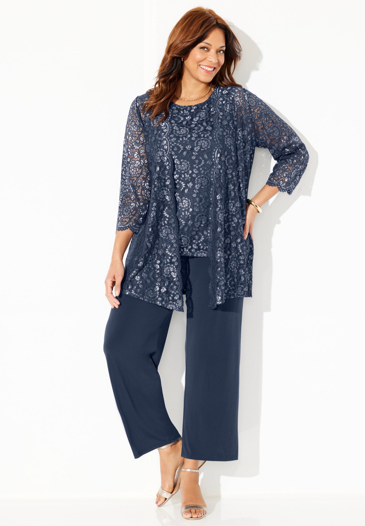Luna Lace Pant Set - Metallic Elegance, Navy Silver | Catherines