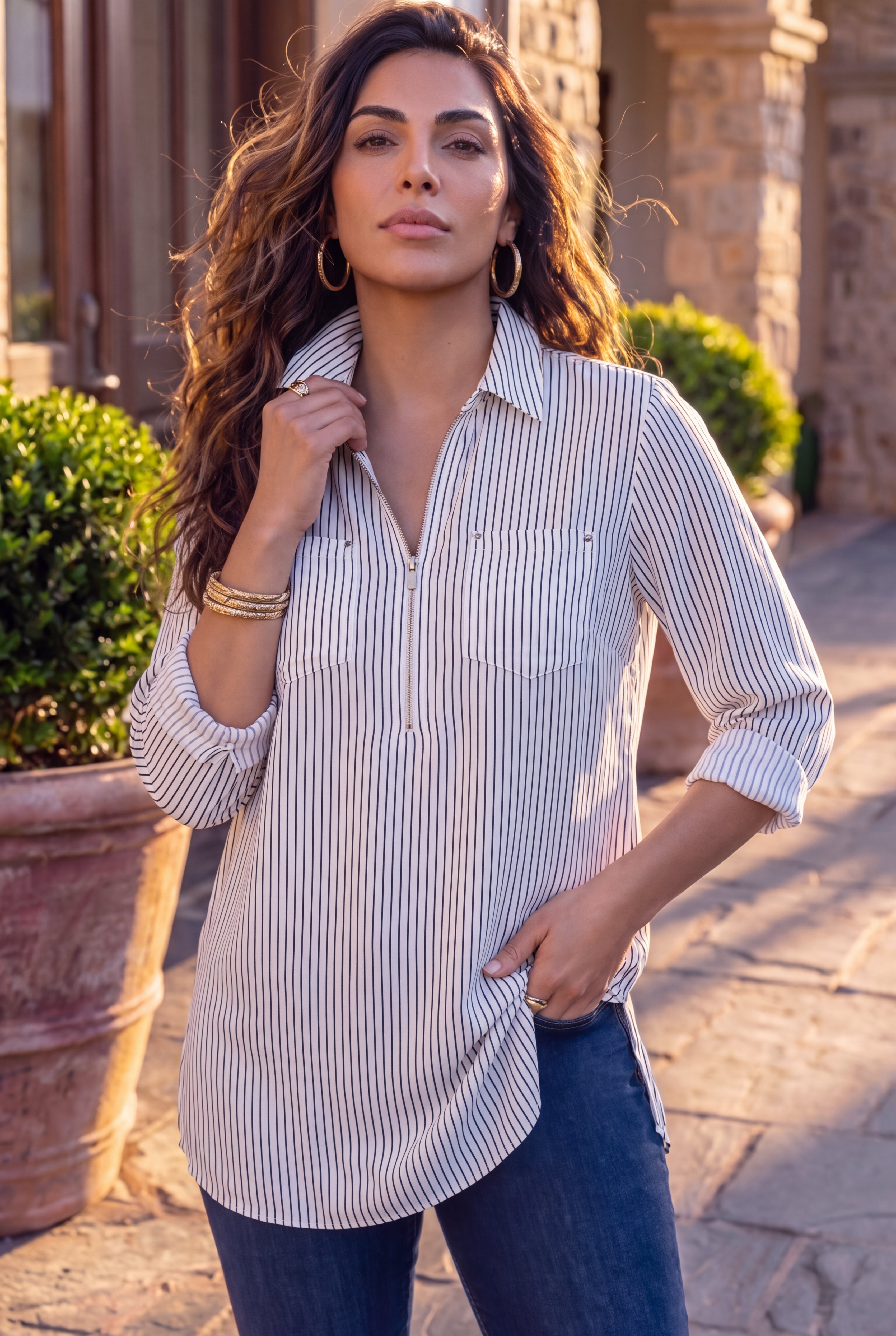 Breezeway Half-Zip Tunic, Lightweight Georgette, White Pinstripe
