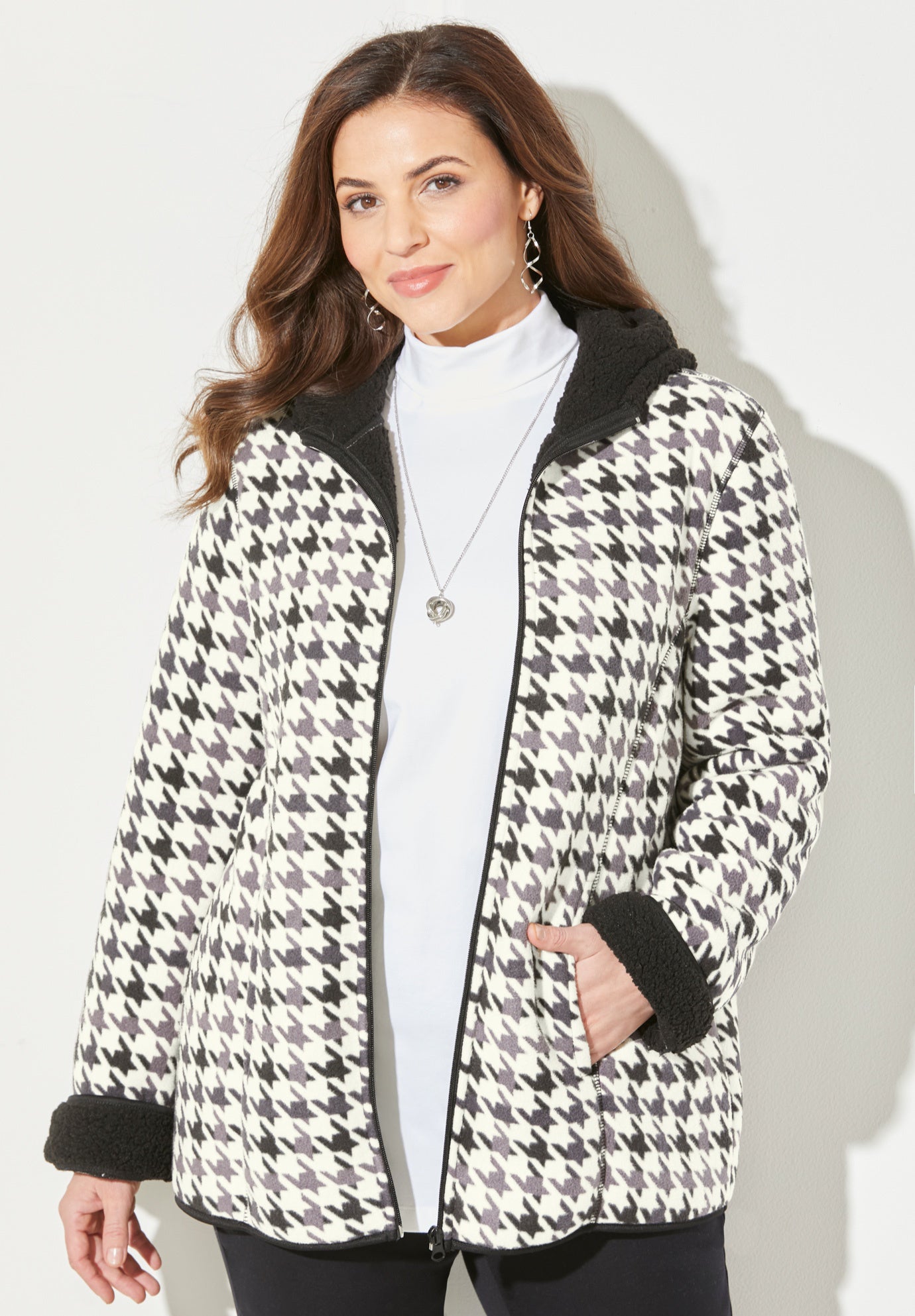 Sherpa-Lined Printed Fleece Coat - Warm & Cozy, Houndstooth Ivory