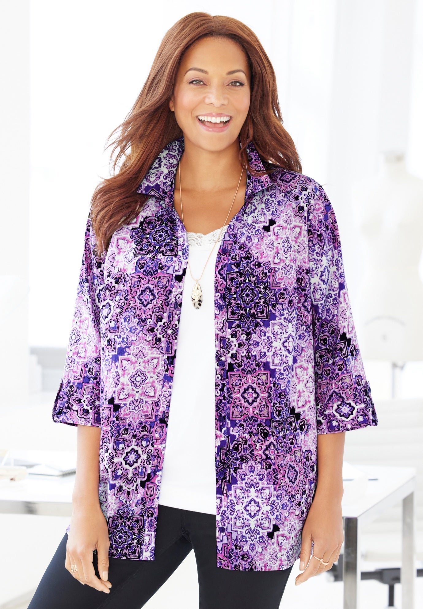 Timeless Blouse Relaxed Fit in Crepe de Chine, Deep Grape Medallion