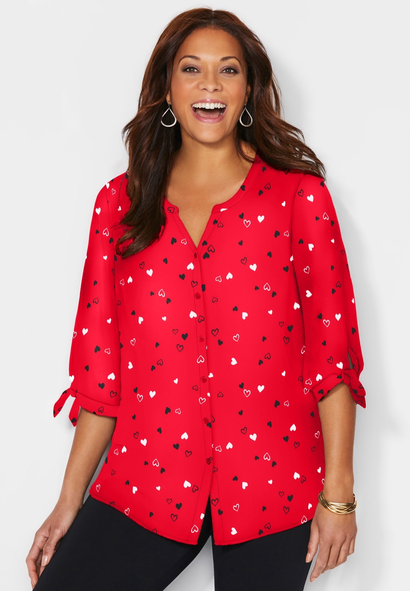 Georgette Buttonfront Blouse with Tie Sleeve, Classic Red Tossed