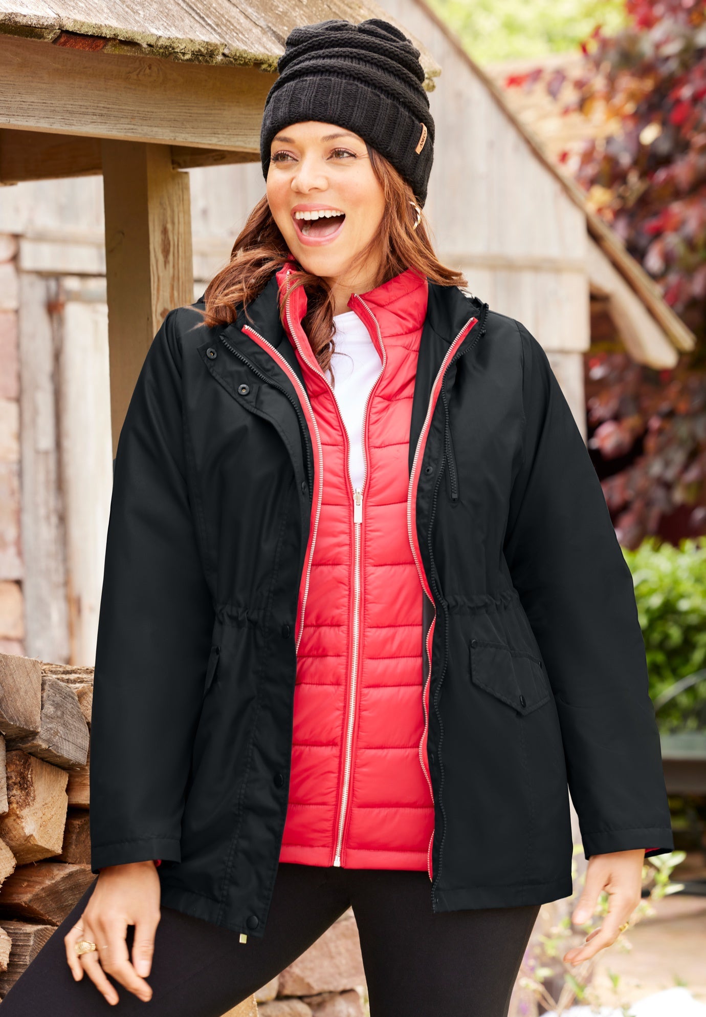 3-in-1 Parka Jacket - Versatile Winter Coat, Black Red Houndstooth