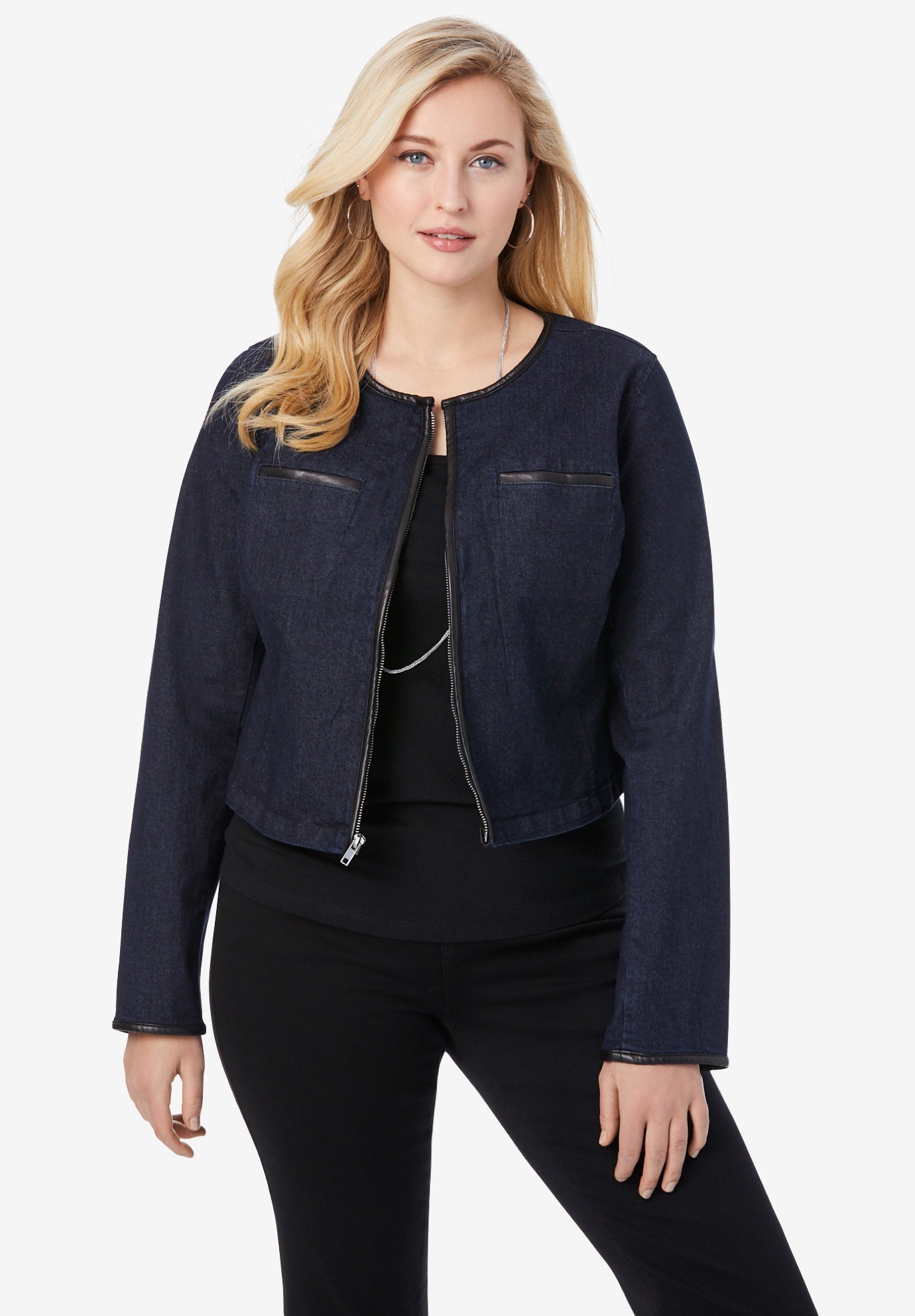 Denim Shrug with Faux Leather Trim Catherines