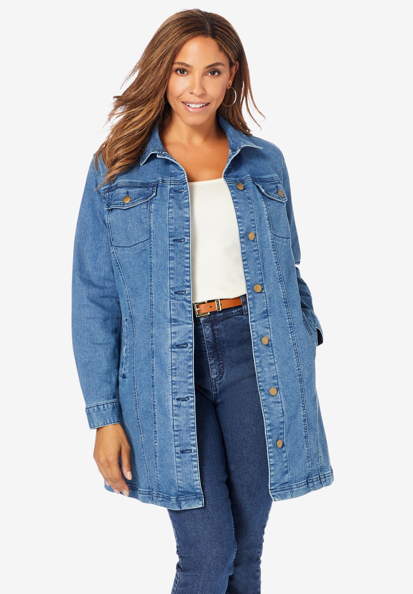 "Long Denim Jacket with On-Seam Pockets", Medium Stonewash | Catherines