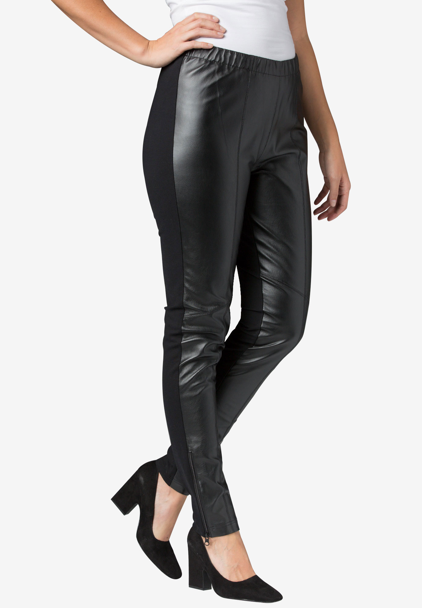 Ankle Zip Leather and Ponté Jeggings, BLACK