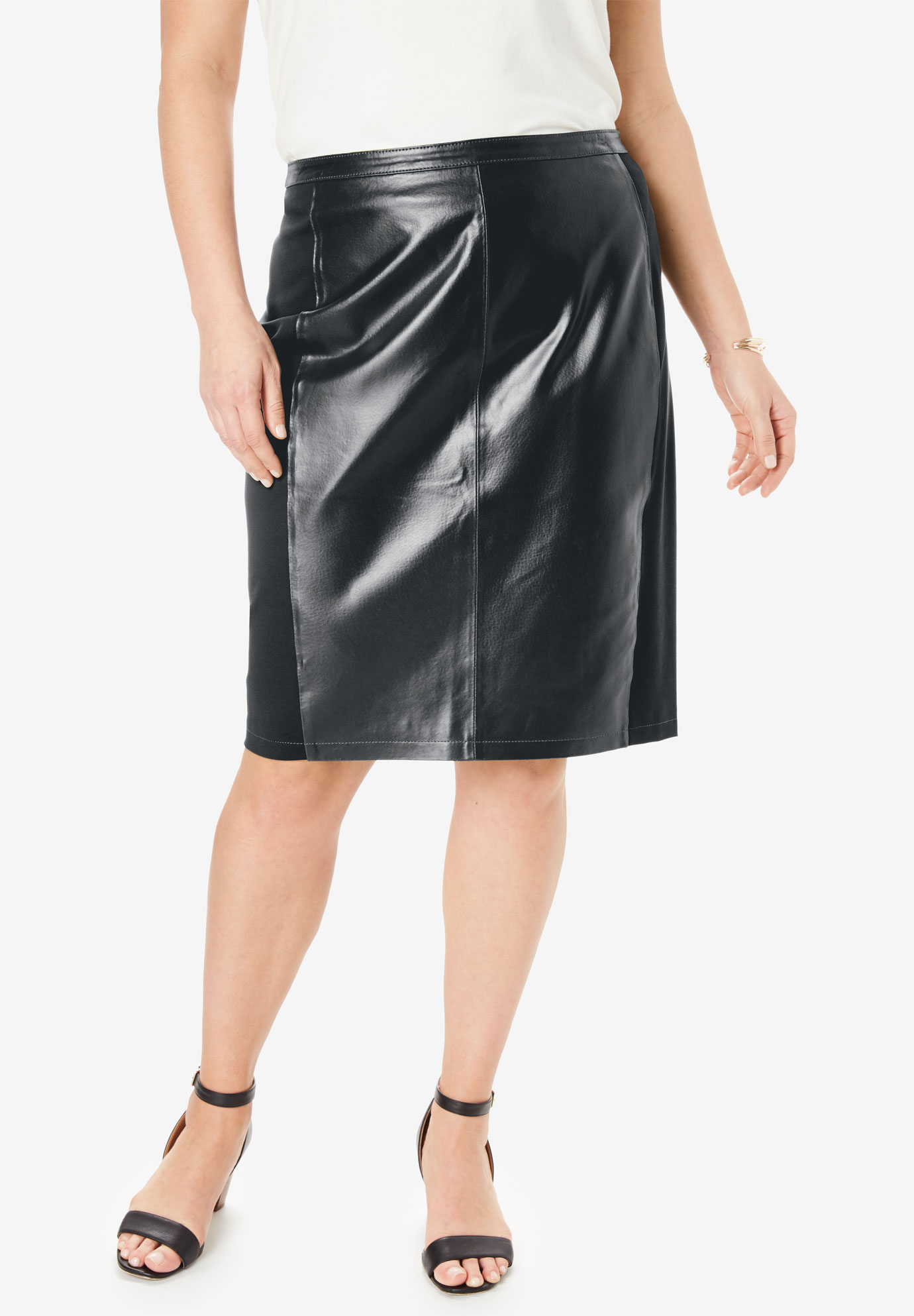 Leather and Ponte Knit Skirt, BLACK