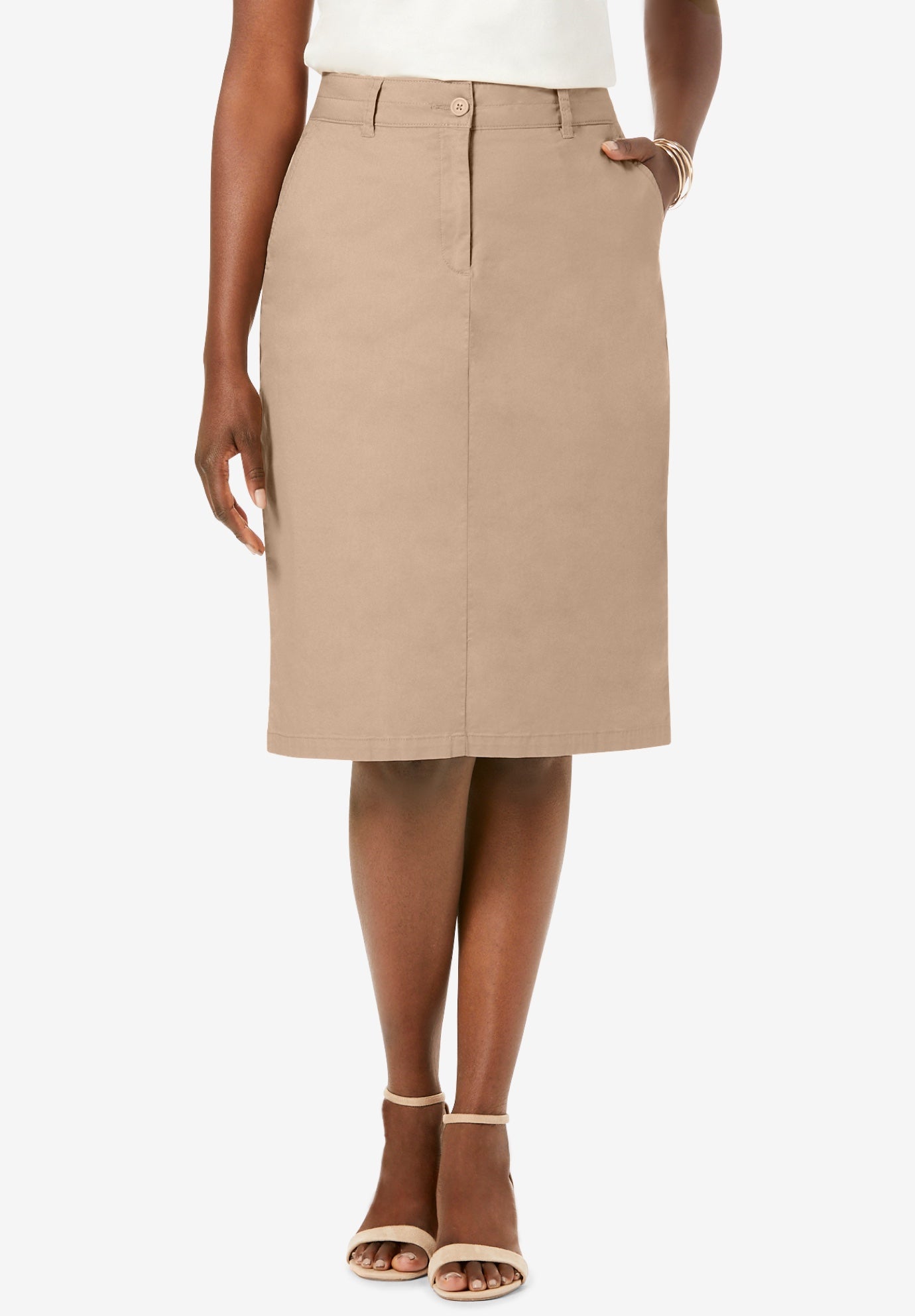 Stretch Cotton Chino Skirt for All Occasions, New Khaki | Catherines