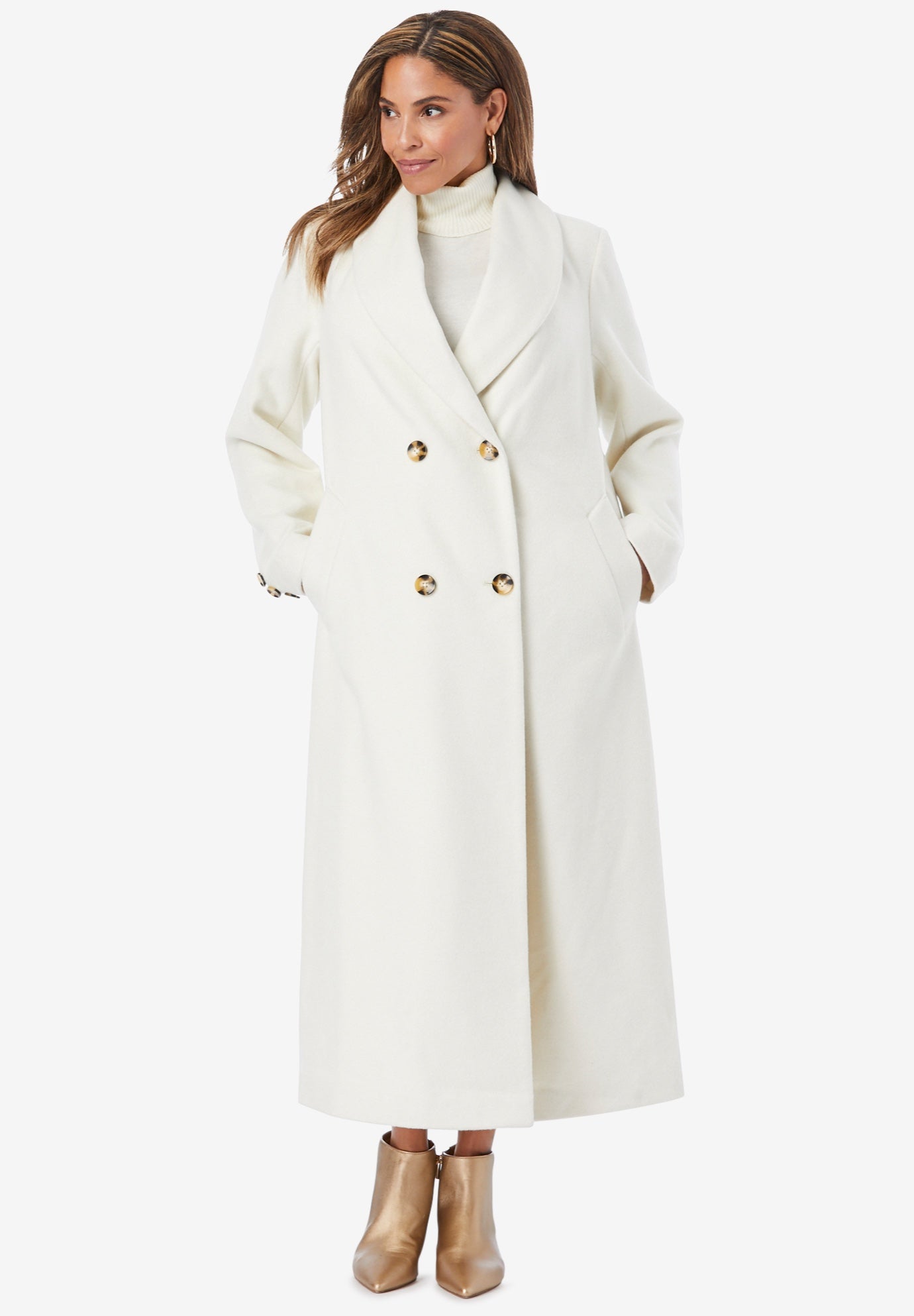 Double-Breasted Long Wool Coat Shawl Collar, Ivory | Catherines