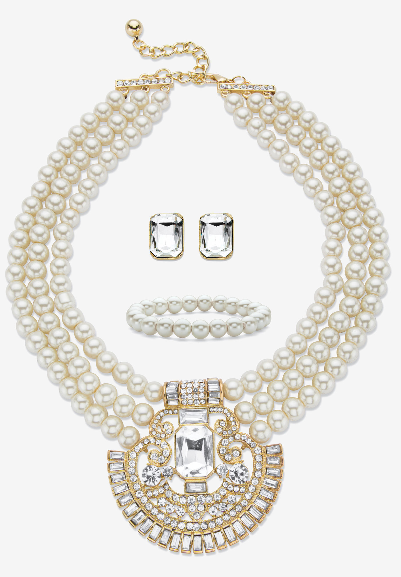 Gold Tone Simulated Pearl Bib 17&quot; Necklace Set with Emerald Cut Crystals, DIAMOND