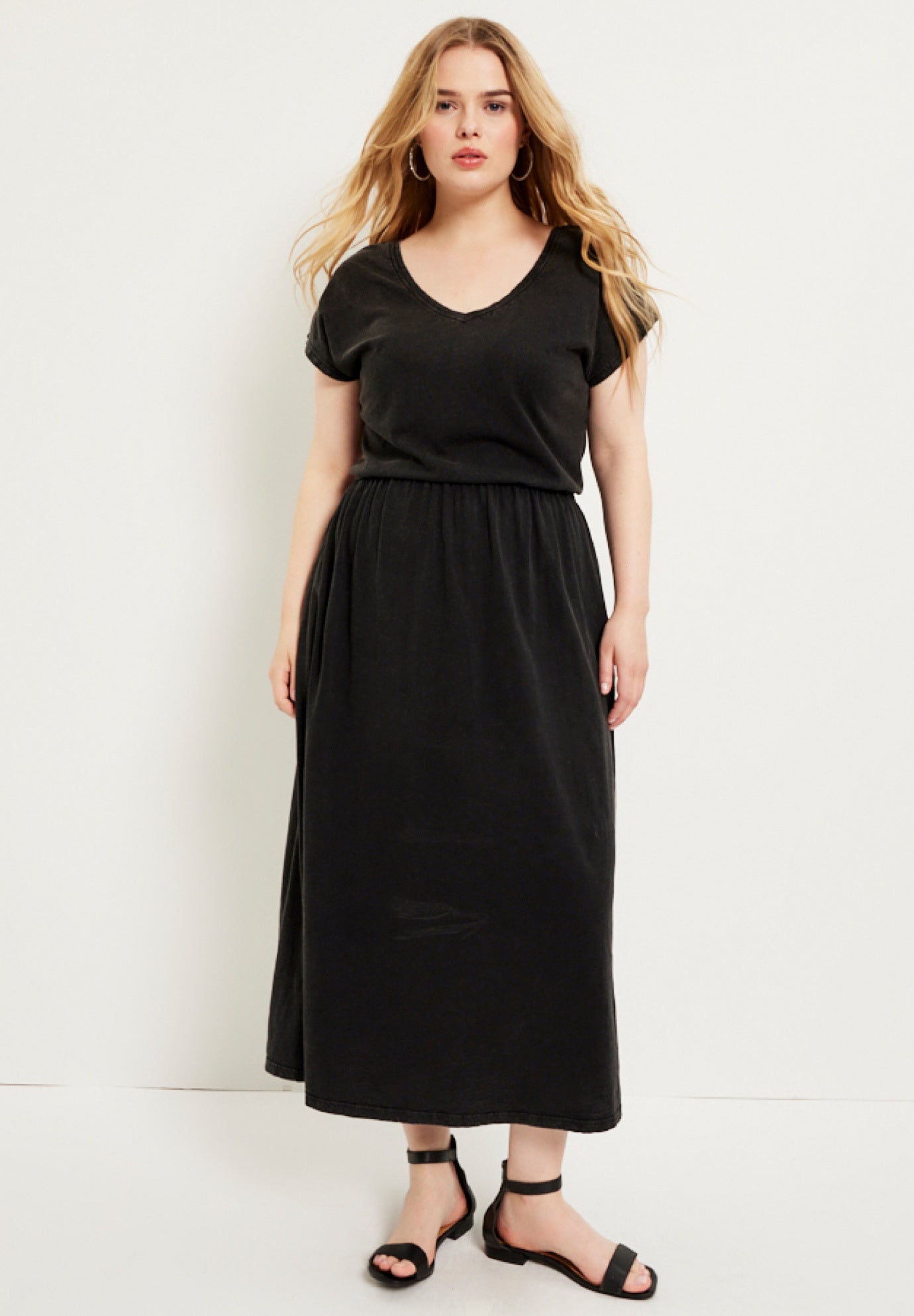 Maxi Dress with Elastic Waistband V Neck Black Catherines