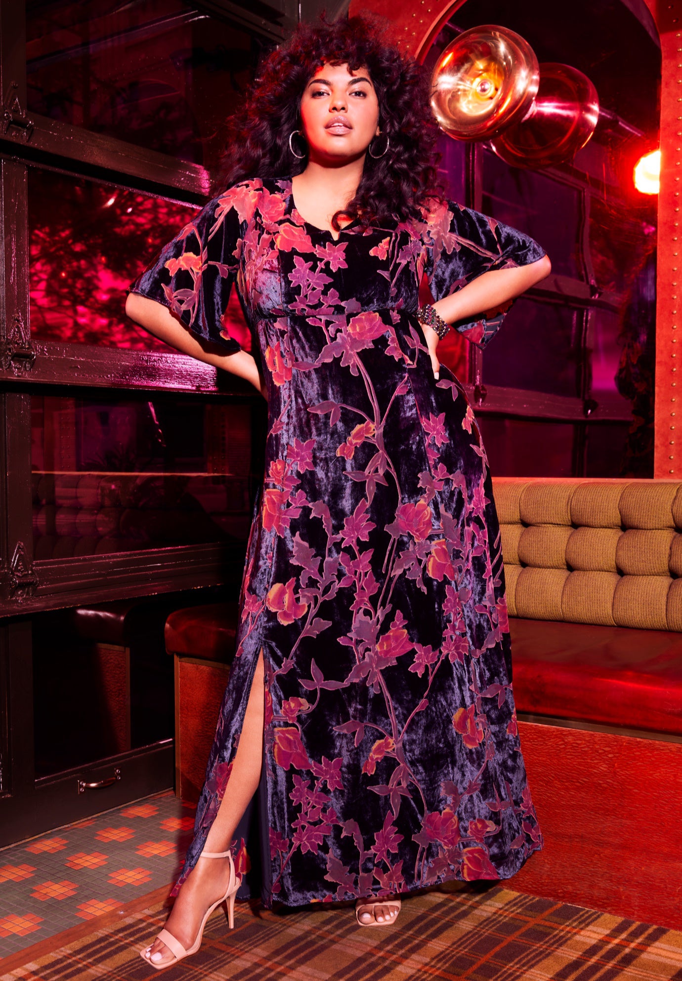 Burnout Velvet Maxi Dress with High Slit, Navy Floral | Catherines