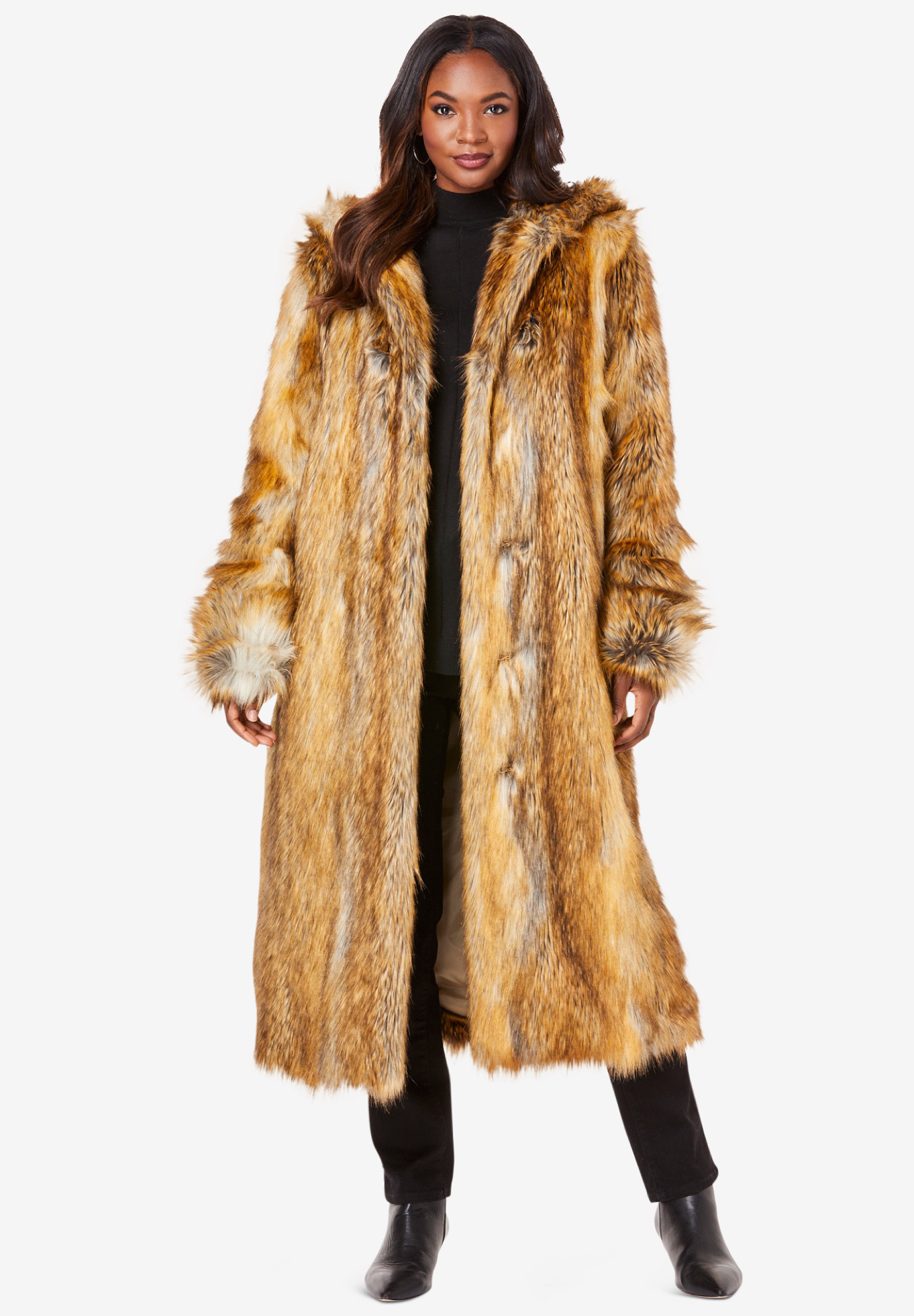 Full Length Faux-Fur Coat with Hood | Catherines