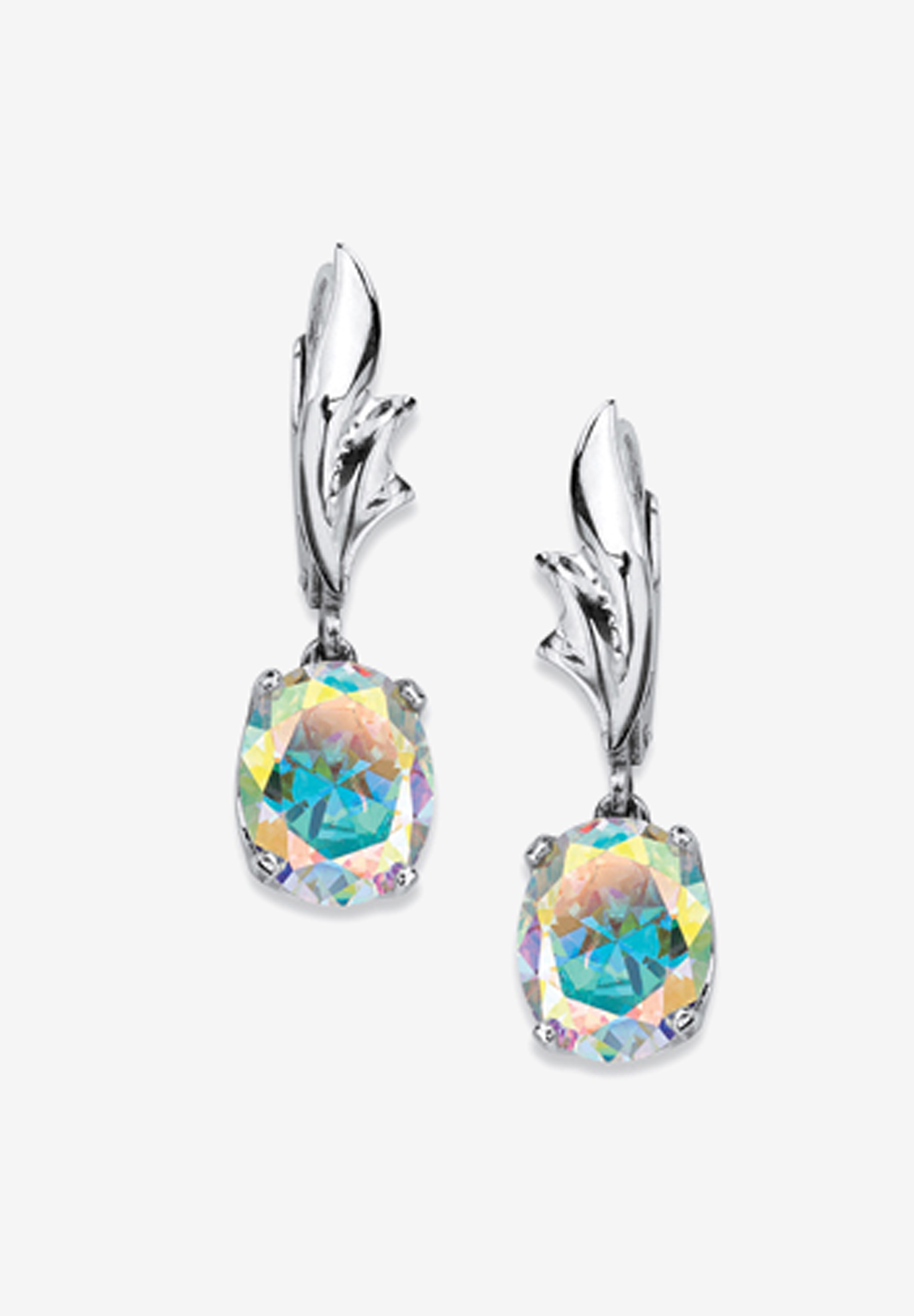 Sterling Silver Drop Earrings, Oval Aurora Borealis Cubic Zirconia, STERLING SILVER
