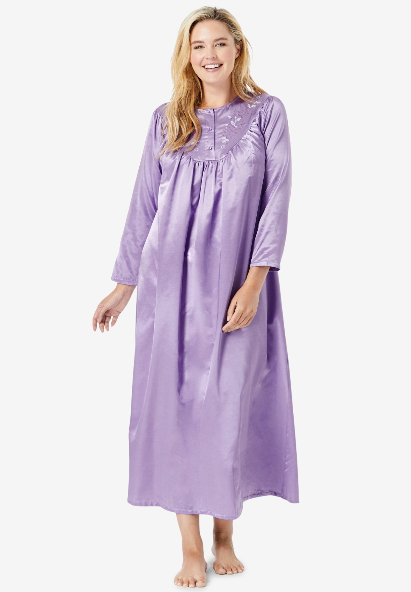 Embroidered Bib Brushed Satin Nightgown | Catherines