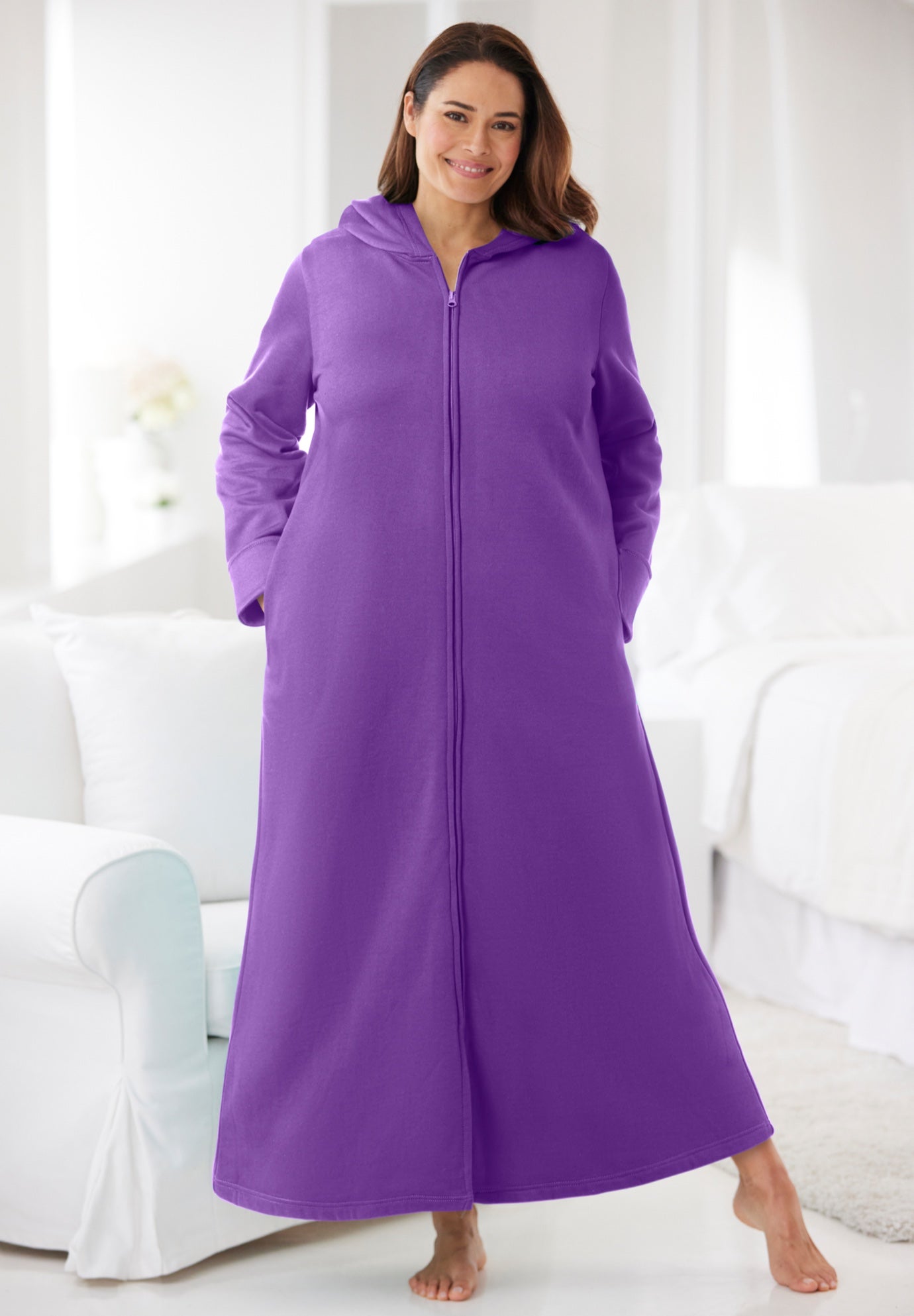 Hooded Fleece Robe with Full Front-Zip, Plum Burst | Catherines