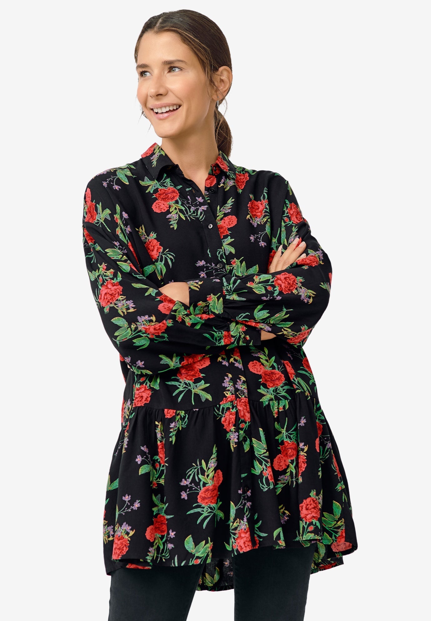 Peplum Tunic with Button Front Detail, Black Red Floral