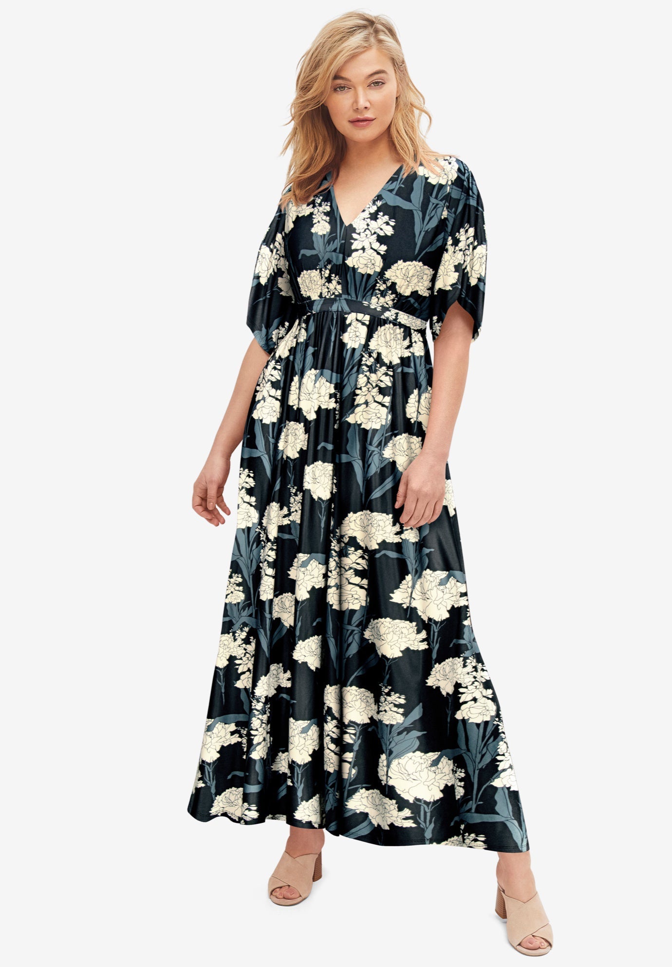 Knit Tie-Back Maxi Dress for Outdoor Events, Black Ivory Floral | Catherines