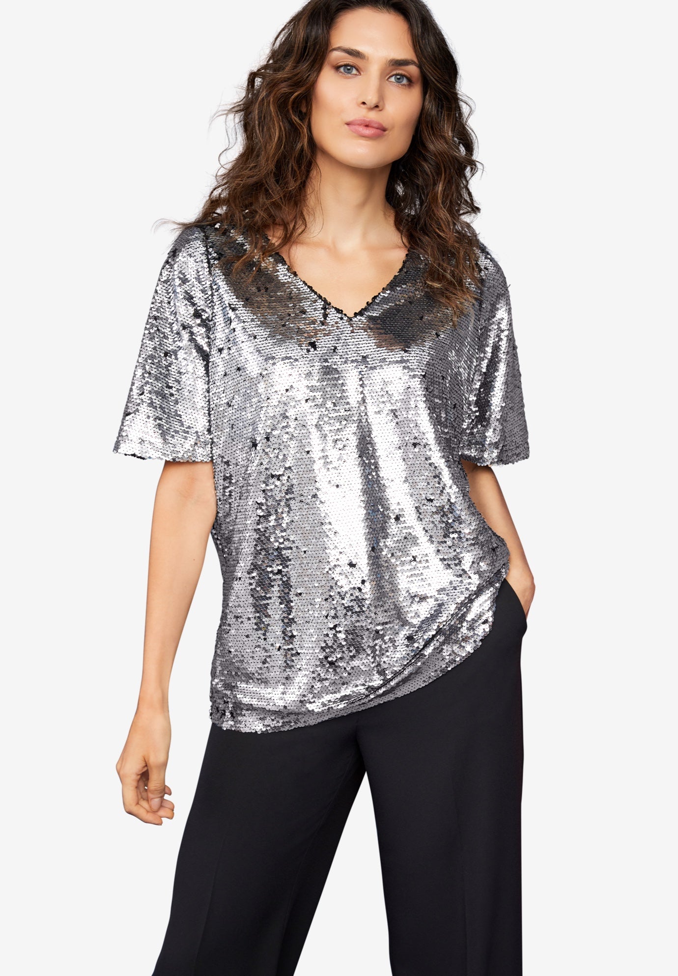 sequin top with bell sleeves
