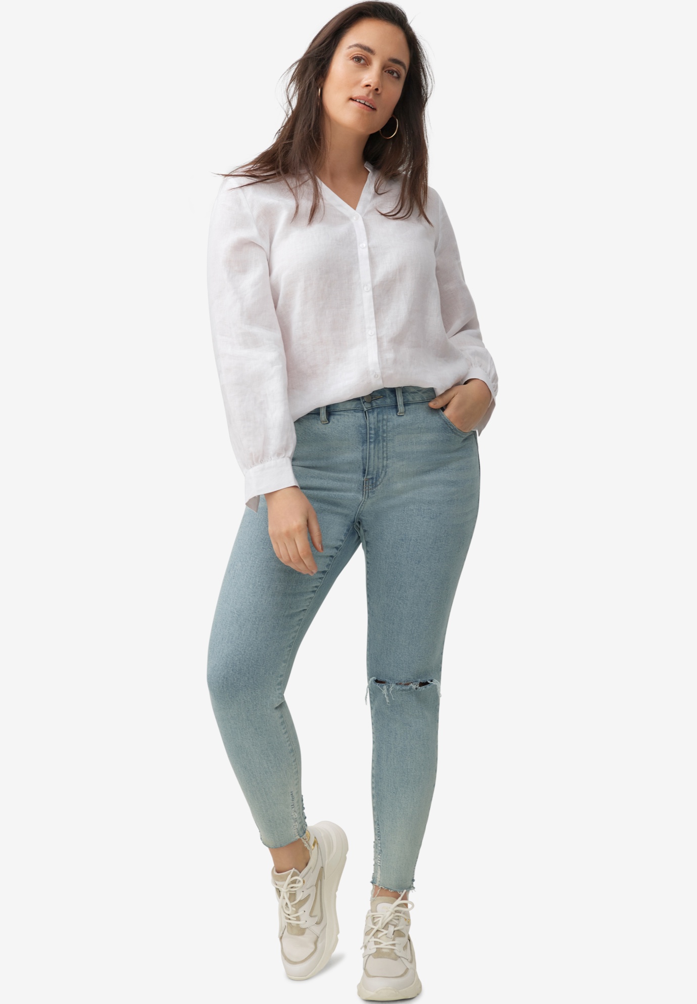 Linen Blend Button-Front Shirt, WHITE