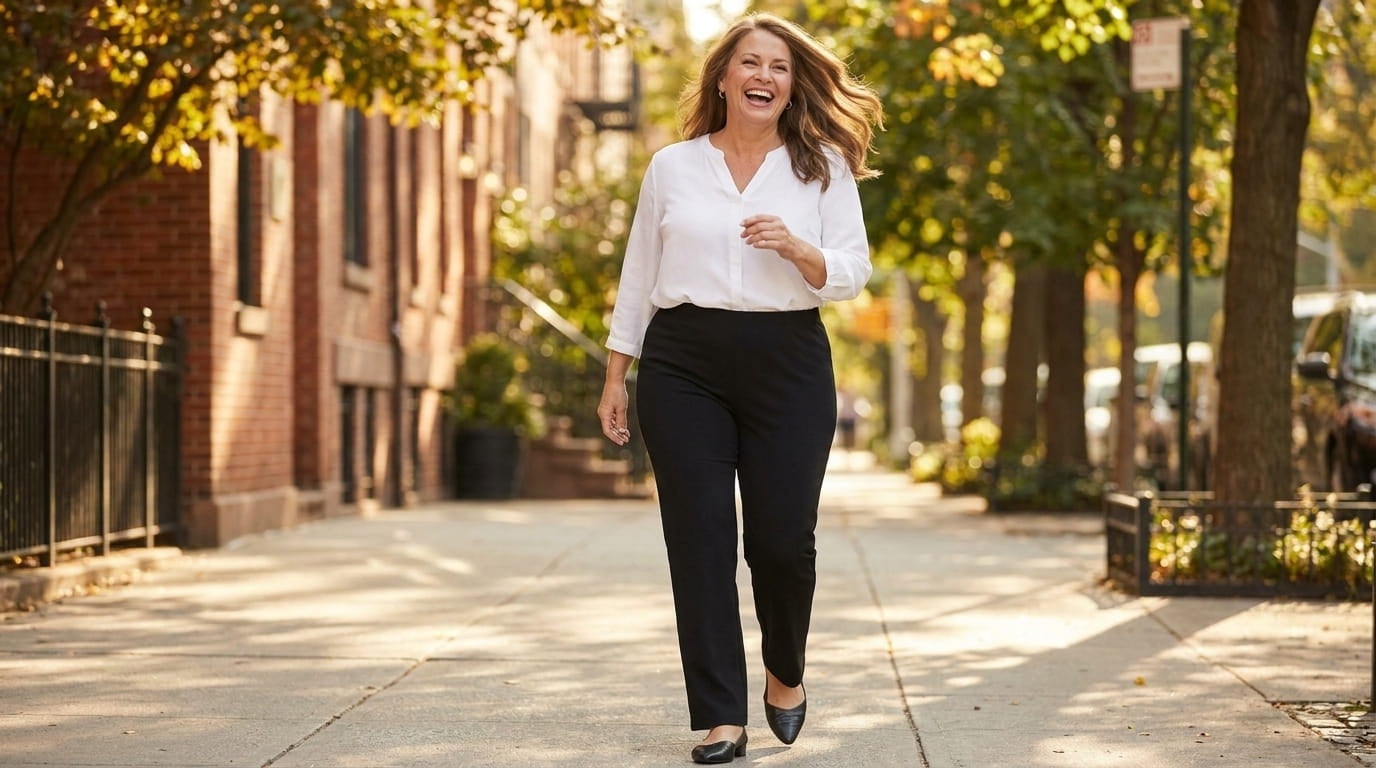 Petite plus-size woman walking on a sunny sidewalk in straight-leg pull-on pants that end neatly at the ankle