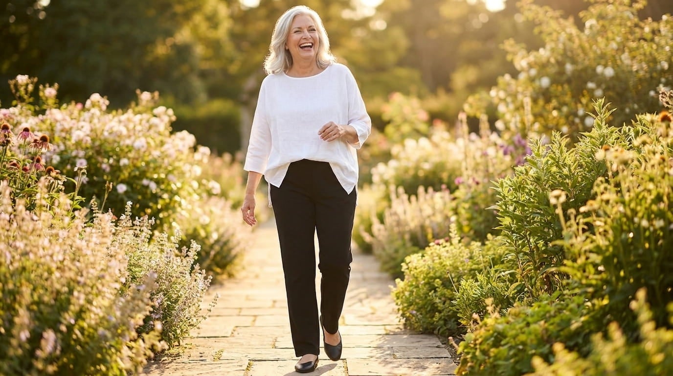 Smiling plus-size woman in her 60s walking a garden path in pull-on pants and flats