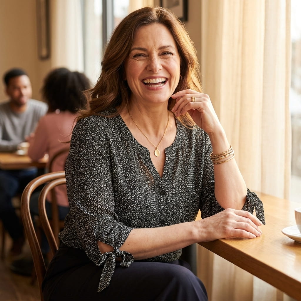 Laughing petite plus-size woman at a cafe table in a georgette buttonfront blouse with tie-detail sleeves