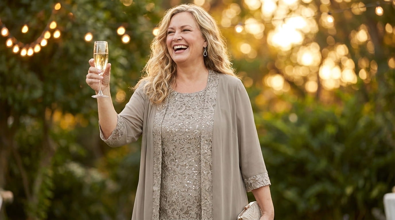 Plus-size woman in a lace three-piece pant suit raising a glass at an outdoor wedding reception