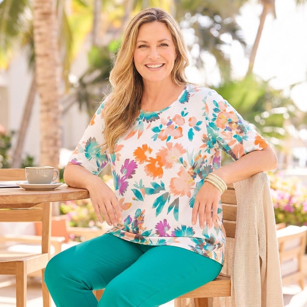 Plus-size woman in a short sleeve scoop neck tee smiling at a cafe table