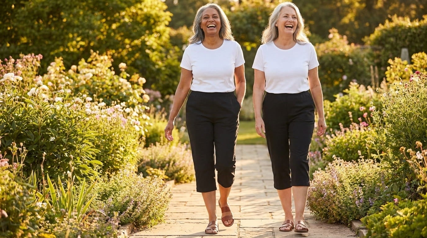 Smiling woman in her 60s walking a garden path in a pull-on capri, tee and flat sandals