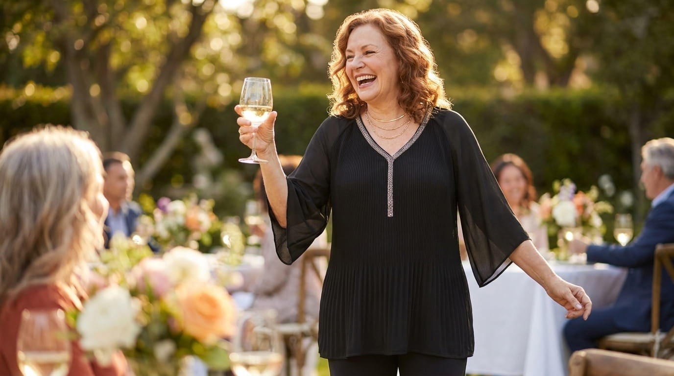 Plus-size woman in a pleated chiffon blouse with wide angel sleeves, laughing at a sunny garden lunch