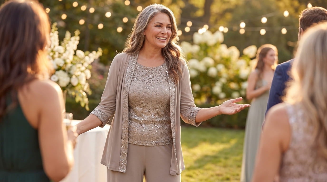Smiling plus-size woman in her 60s wearing a 3-piece lace pant suit at a garden wedding reception