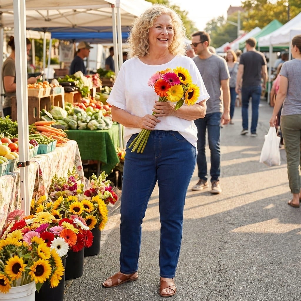 Woman in pull-on knit jeans and a tee smiling while choosing flowers at a sunny farmers market