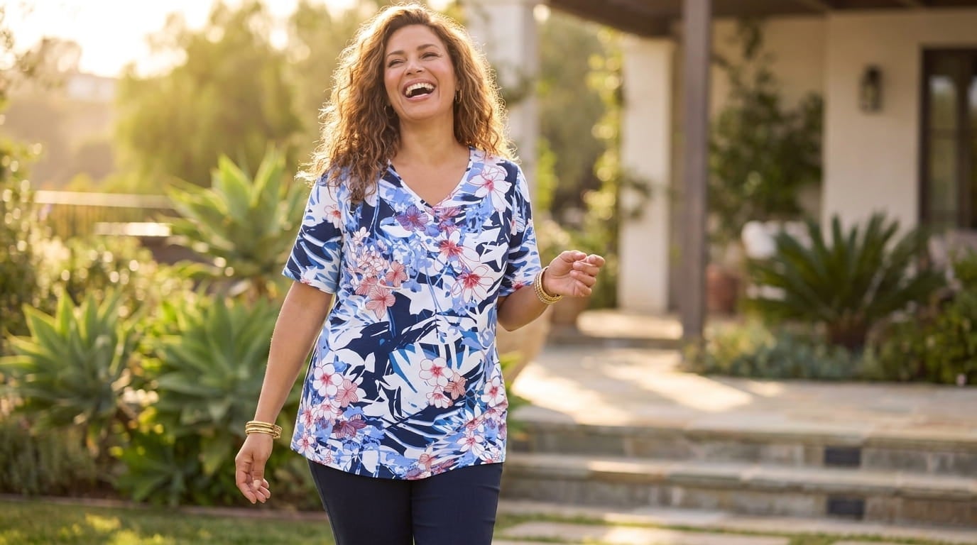 Smiling plus-size woman in her 50s wearing a short sleeve V-neck tunic on a sunny patio