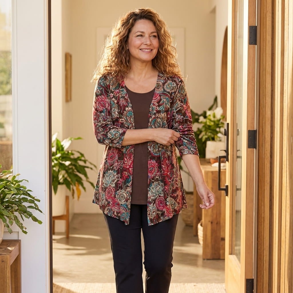 Smiling plus-size woman in her 60s wearing a one-piece top with a cardigan look and tank inset