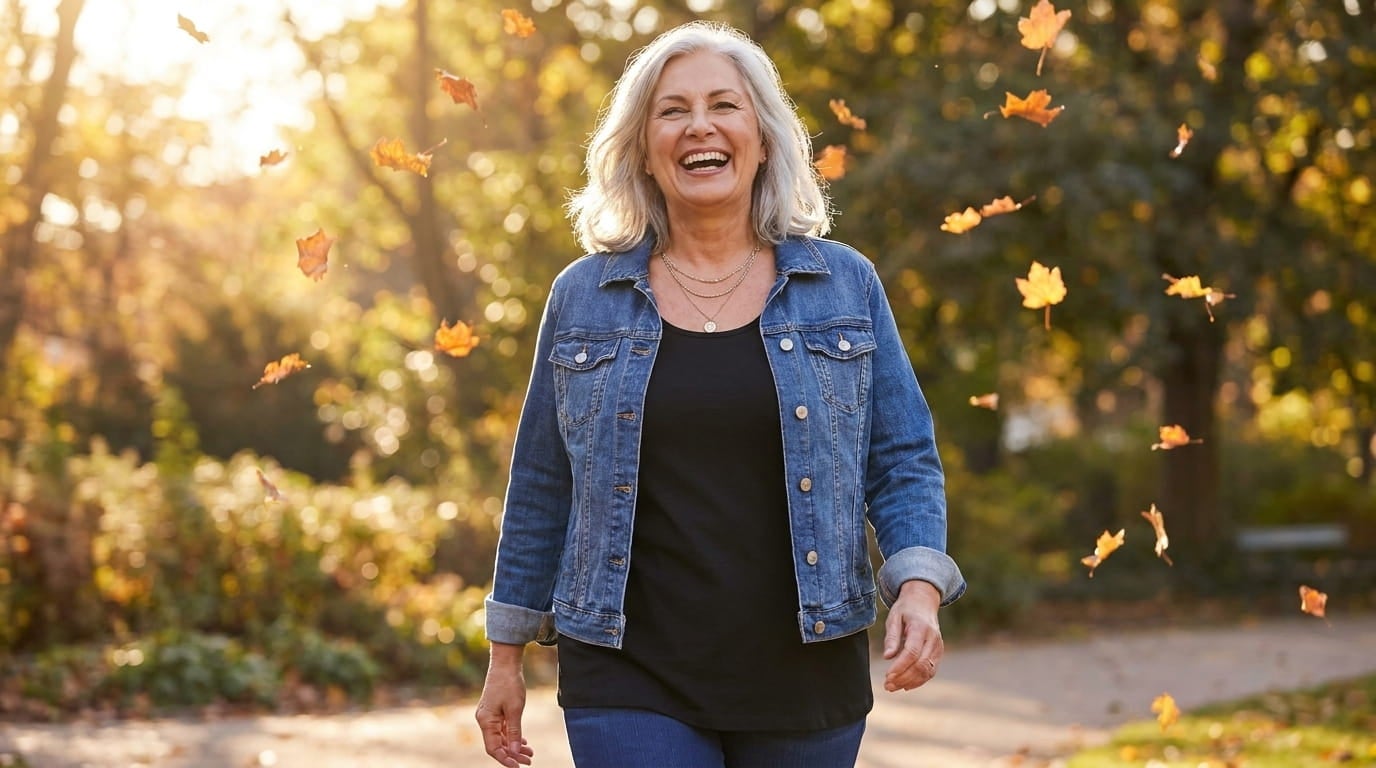 Smiling plus-size woman in her 60s wearing a denim jacket over a tank in a sunlit autumn park