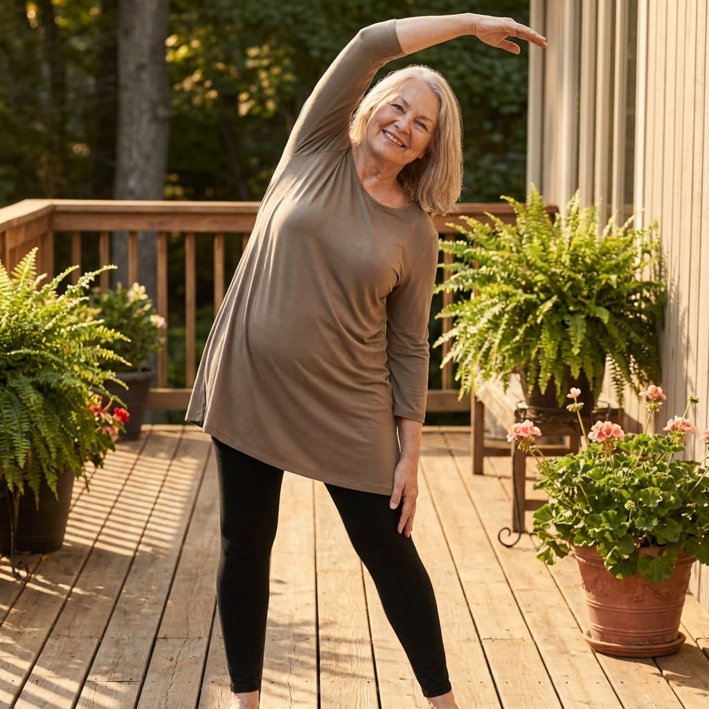 Smiling plus-size woman in a stretch cotton legging and long tunic doing a gentle stretch on a sunny deck