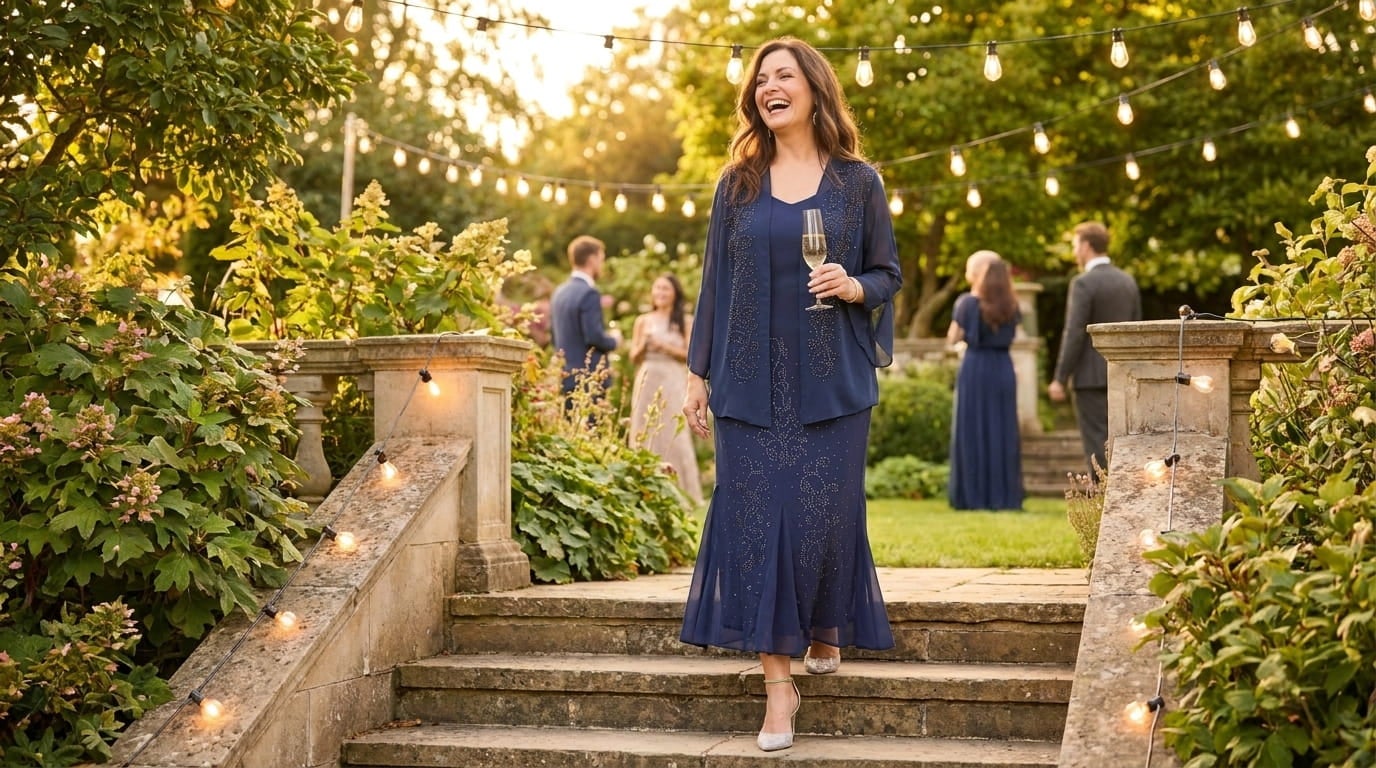 Petite plus-size woman in a beaded dress set with jacket at an evening wedding reception
