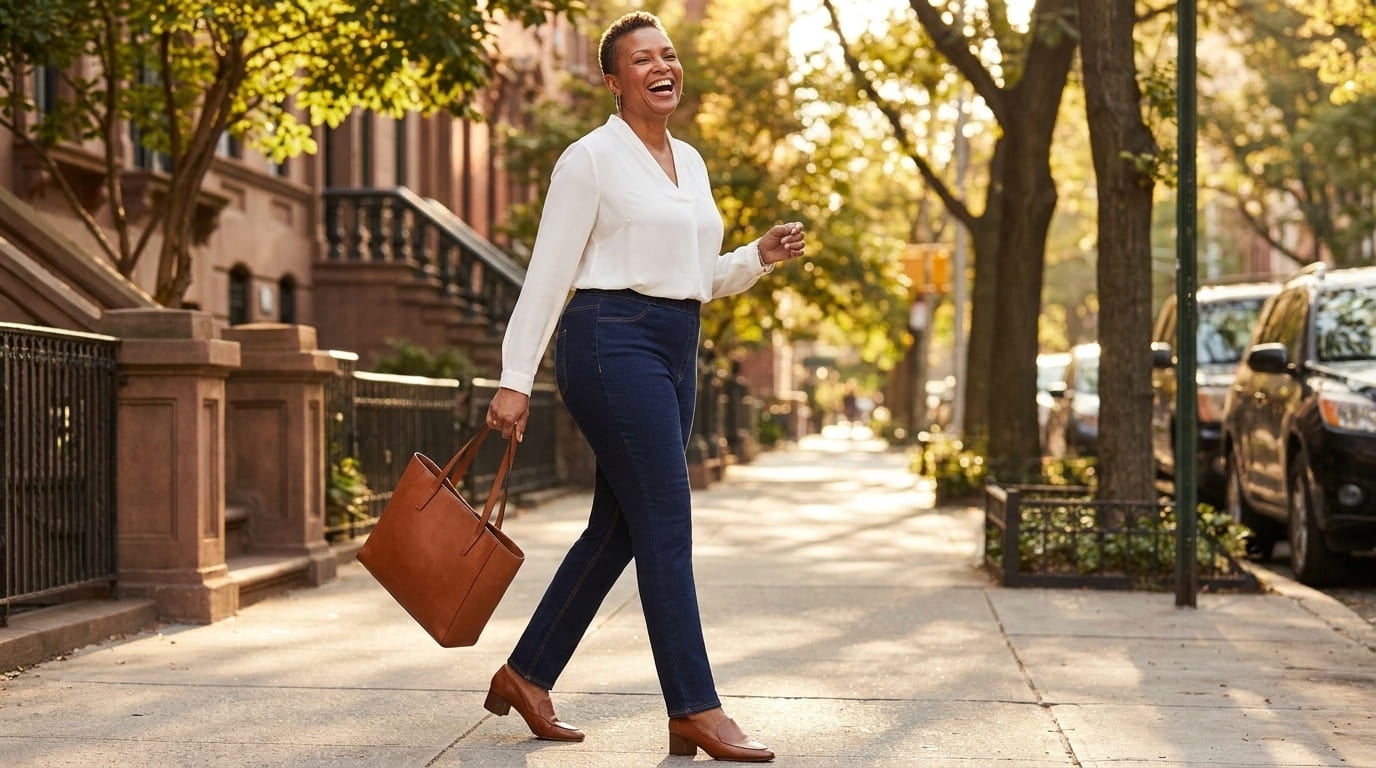 Tall plus-size woman walking in slim-leg knit jeans that reach her ankles, worn with loafers and a tucked blouse