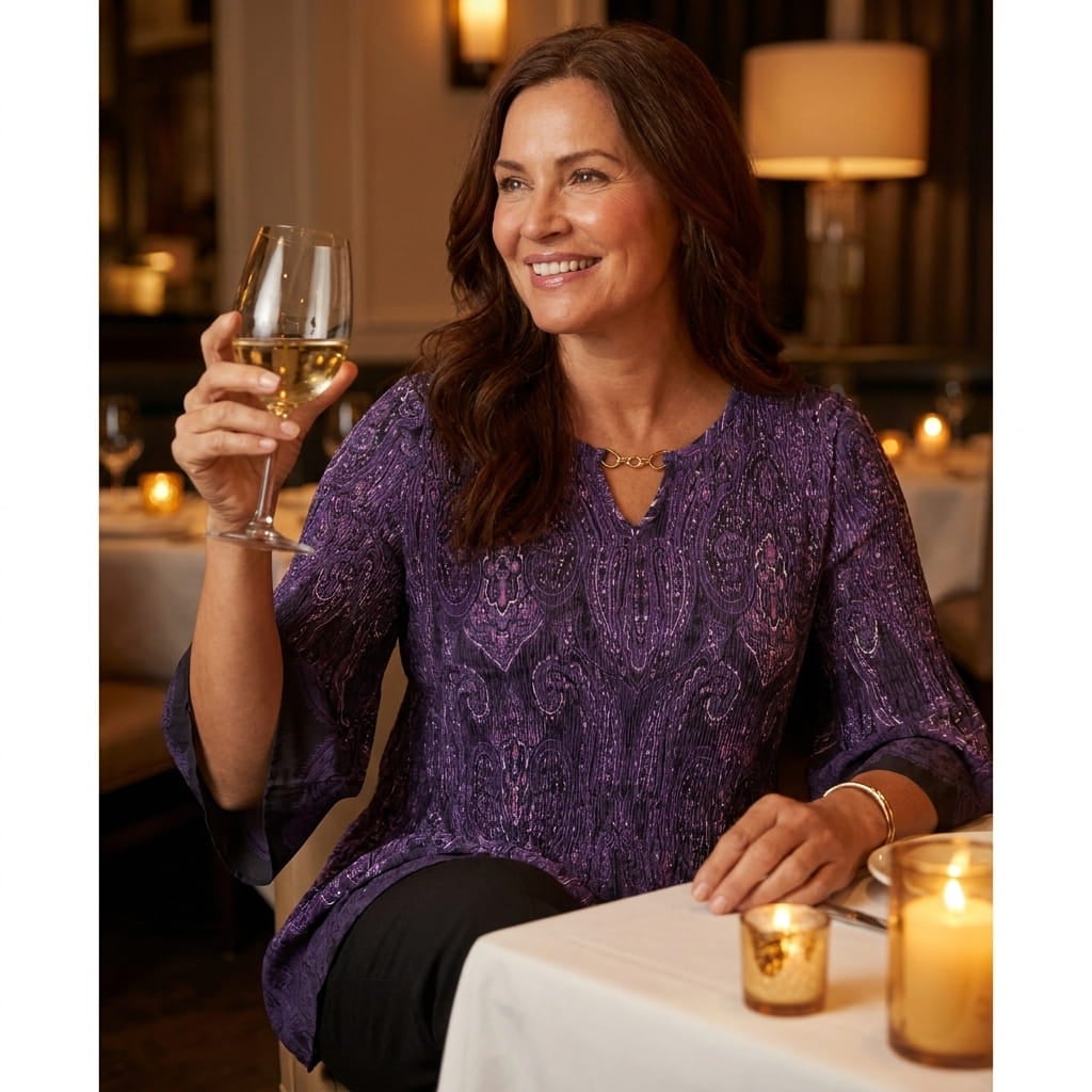 Woman in a pleated georgette blouse with a chain keyhole neckline smiling at a candlelit dinner table